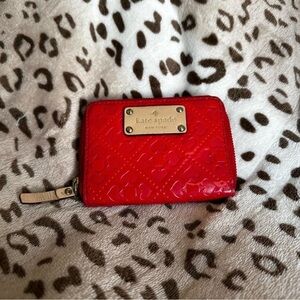kate spade Red Patent Leather Zip Card Case with Gold Plaque